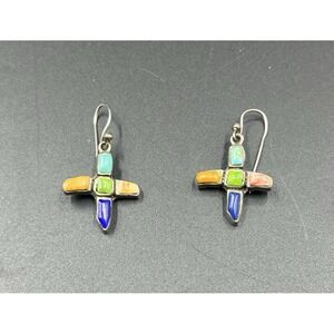 Southwestern Silver 925 Multi-Stone Inlay Cross Earrings 925